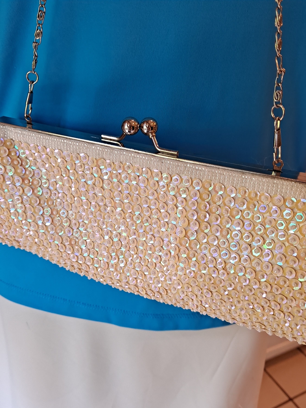 Iridescent Sequin Beaded Opal Ivory Shoulder Baguette Clutch Silver Chain Trim